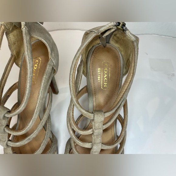 Coach Women’s Lavania Beige Suede Strappy Heeled Sandals‎ with Zipper Size 6.5. - Picture 7 of 10